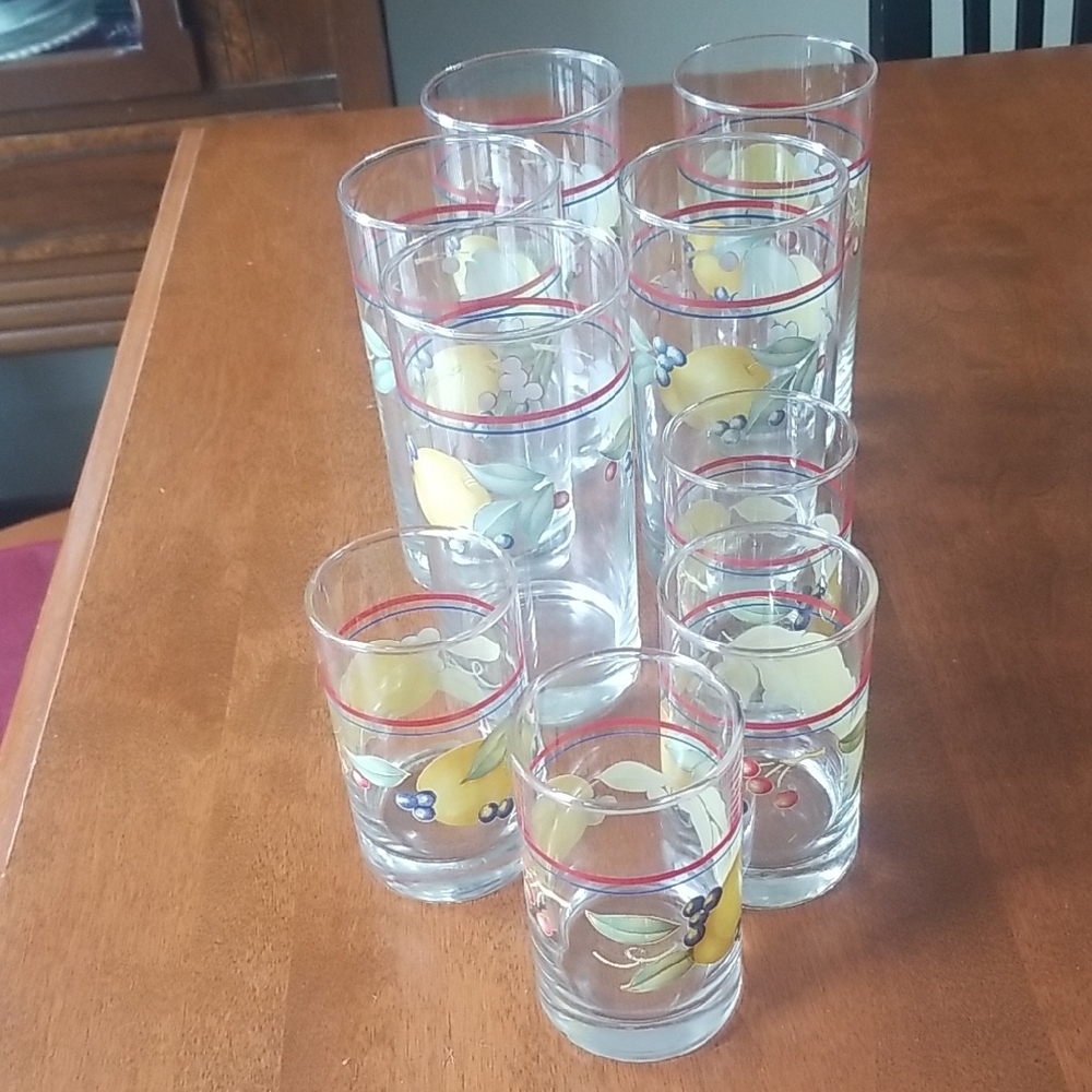 Vintage Lemon Crisa glass Set.  Five 6 inch glasses and four 4 inch glasses.